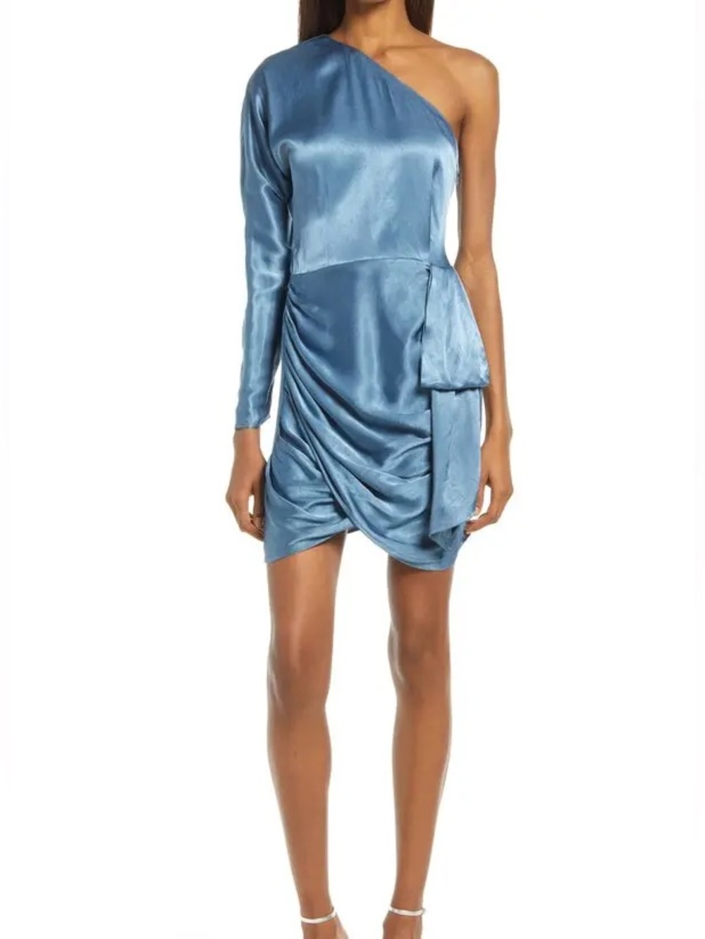 Elliatt Blue Satin One Shoulder Draped Ruched Midi Dress Size Small